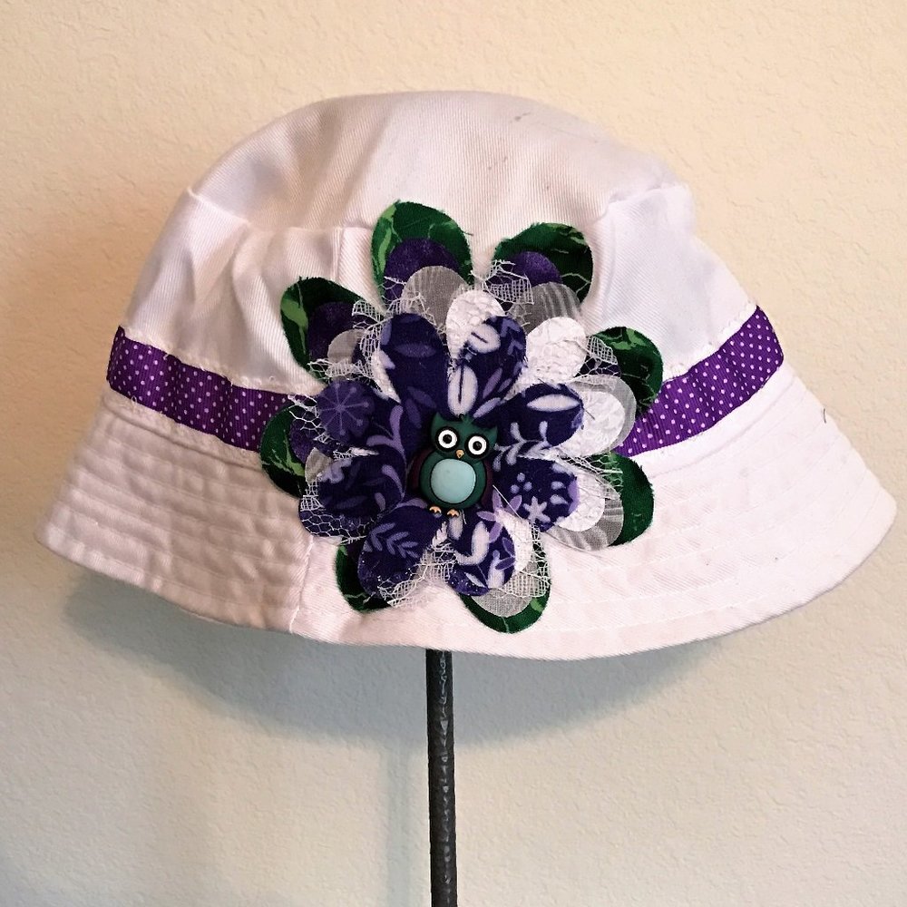 Little Girl's Hand-Decorated White Bucket Hat with Owl Theme